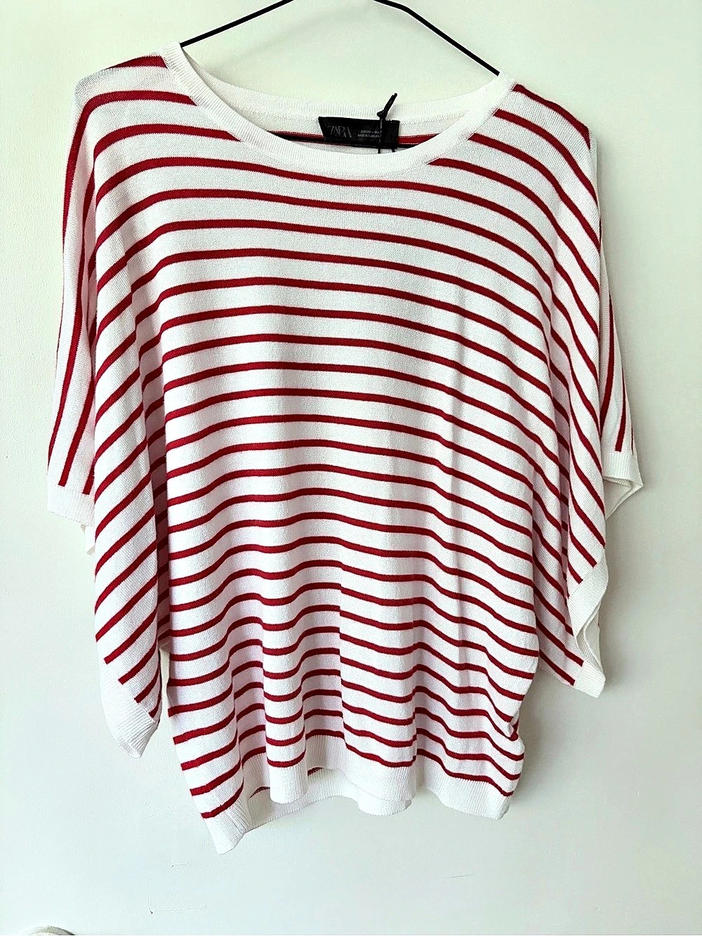 Zara Striped Batwing Sleeve Top in White & Red